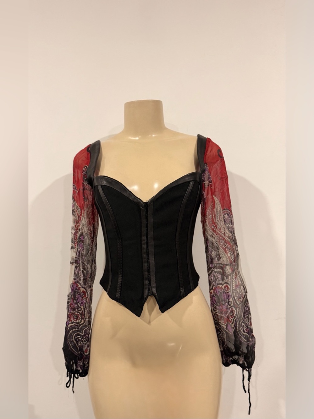Bebe Stunning Black Corset Top with Faux Leather Trim & Paisley Mesh Balloon Sle - Picture 2 of 7